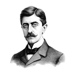 Black and white vintage engraving, close-up headshot portrait of Valentin Louis Georges Eugene Marcel Proust, the famous historical French novelist and literary critic, white background, greyscale