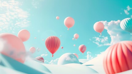 A bunch of pink and blue balloons floating in the air
