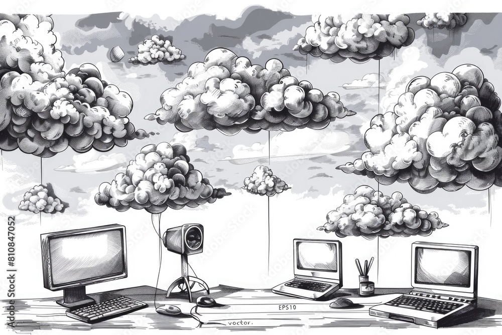 Aufkleber black and white drawing of a modern office desk. suitable for business and technology concepts