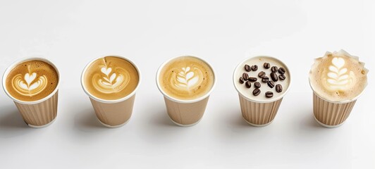 Set of paper cups with different latte or cappuccino coffee on a white background, different designs on the foam. view from above. 