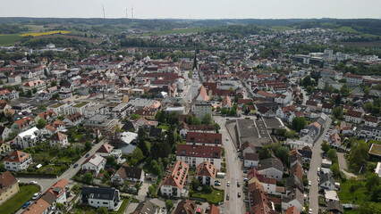 Fly over a Bavarian old city center called Pfaffenhofen