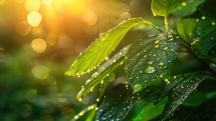 Large beautiful drops of transparent rain water on a green leaf macro. Drops of dew in the morning glow in the sun. Beautiful leaf texture in nature. Natural background