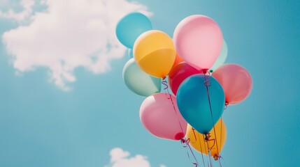 A bunch of colorful balloons are floating in the air above a colorful background