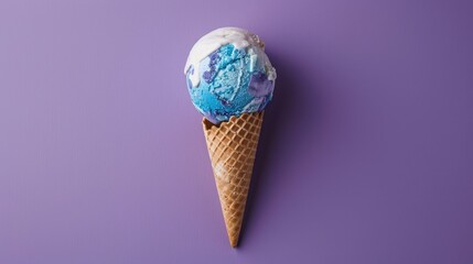 Indulge in an ice cream cone as you witness the Earth slowly melting on a serene purple backdrop This minimalist yet thought provoking image hints at pressing global issues like warming ozo