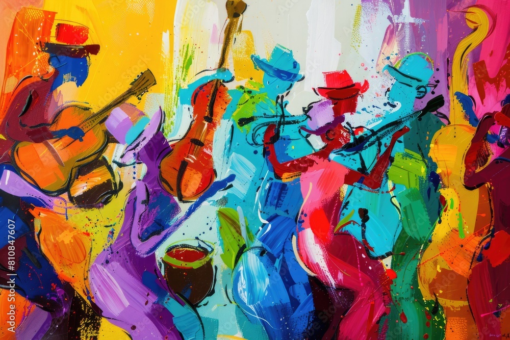 Poster A vibrant painting of musicians playing various instruments. Ideal for music-related projects
