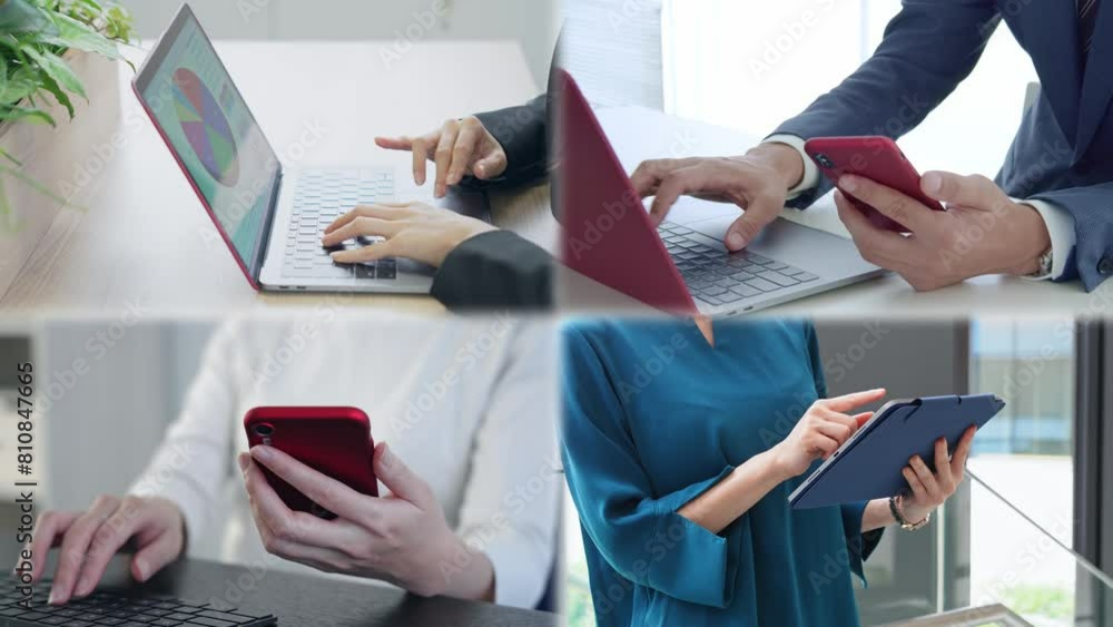 Poster Collage video of scenes of group of people using various digital devices. Blur transition from white background.