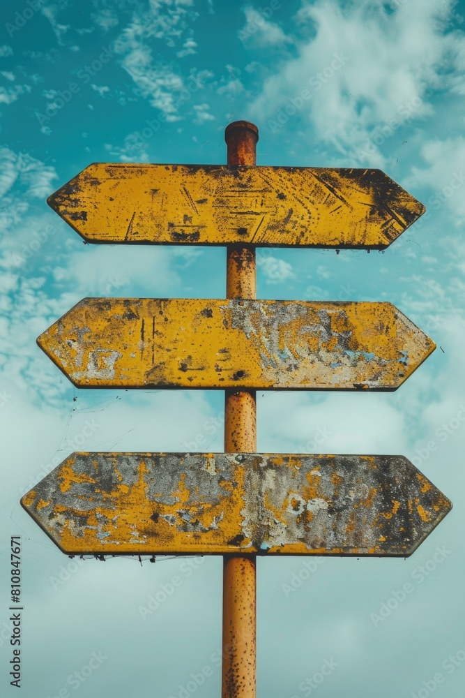 Poster Yellow sign pointing in different directions against a blue sky. Ideal for navigation concepts
