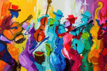 A vibrant painting of musicians playing various instruments. Ideal for music-related projects