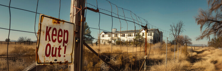Obraz premium An eerie setting with an abandoned house, dead trees, and a vivid 'Keep Out' sign