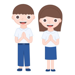 Thai student boy and girl in uniform.Back to school.Namaste character pose.Gesture thank you or greeting.Traditional thai Wai.Thailand sawatdee.Graphic.Flat design.Cartoon vector illustration.