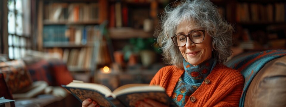 portrait of aged woman with book at home. self care, relation, enjoy concept.