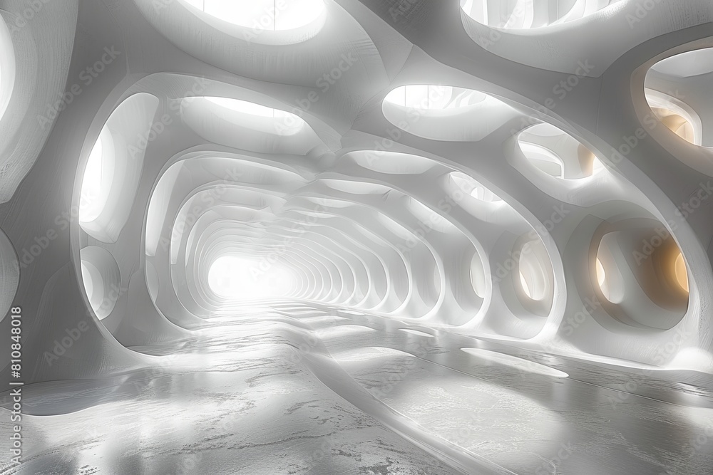 Poster a futuristic design corridor with illuminating skylights in a clean, high key, abstract setting