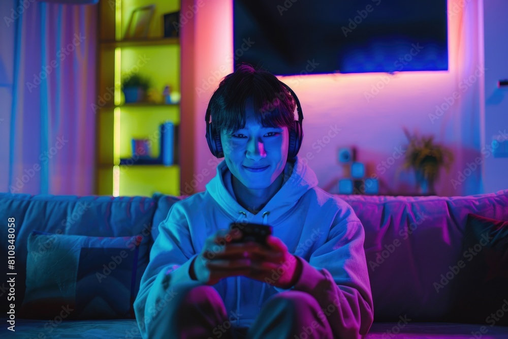 Poster a person sitting on a couch using a cell phone. suitable for technology and lifestyle concepts