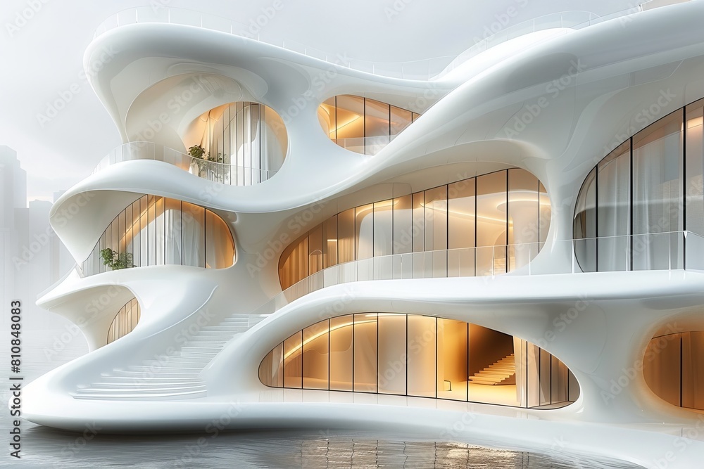 Poster an artistic rendering of a futuristic building with smooth white curves and glazed windows offering 