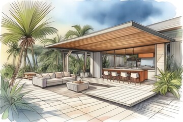 Sleek architectural draft for a tropical outdoor dining area, integrating modern design with natural elements for a stylish home.