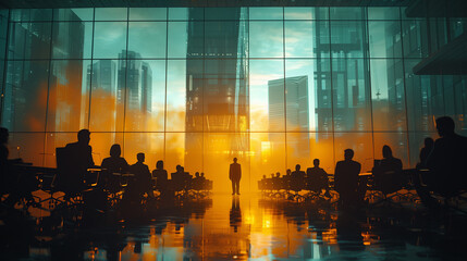 Silhouetted figures in a meeting with a double exposure of innovative solutions, highlighting the solve industry challenges.