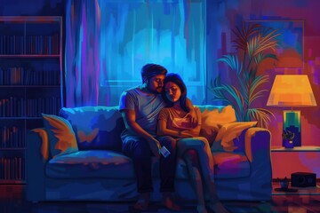 A man and a woman sitting together on a couch. Suitable for lifestyle and relationship concepts