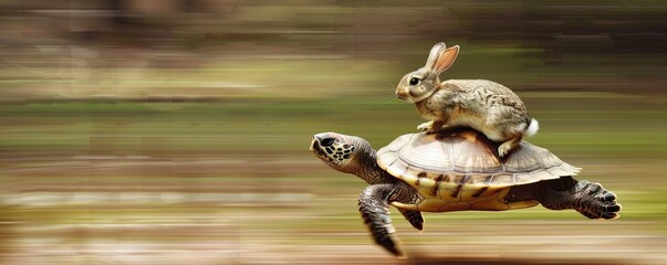 Fototapeta premium An artistic image featuring a rabbit riding on the back of a turtle, depicting the famous race fable, on a blurred green background