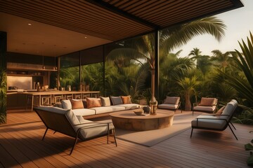 Sleek architectural draft for a tropical outdoor dining area, integrating modern design with natural elements for a stylish home.
