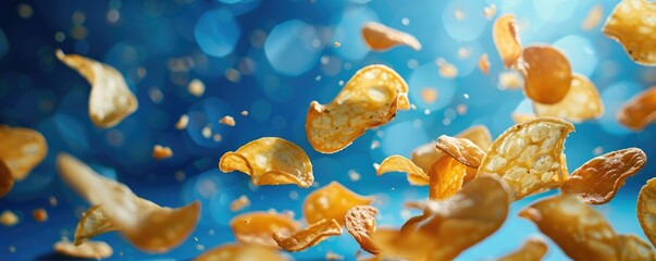 Crunchy potato chips captured in mid-air with a vibrant blue background portraying motion and snack time indulgence