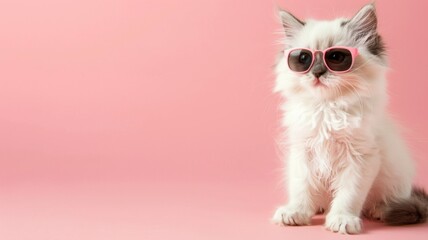 A fluffy white Persian kitten, donning stylish sunglasses, sits on the right side of a blush pink background, with room on the left for text, ideal for promoting pet adoption campaigns. 