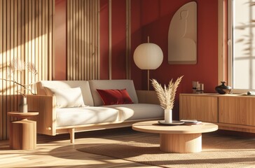 A living room with a sofa, coffee table and sideboard in a light wood color and red accents