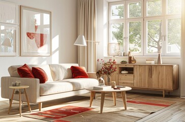 A living room with a sofa, coffee table and sideboard in a light wood color and red accents