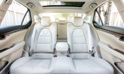 The spacious interior of a modern car showcasing the front seats and dashboard design in daylight