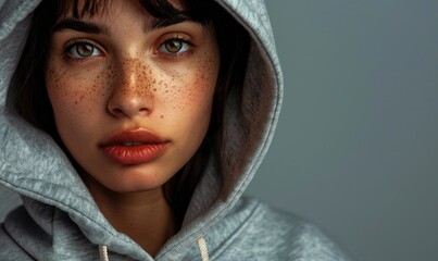 Intimate close-up of a young woman with deep blue eyes and a subtle expression wearing a gray hoodie