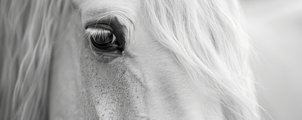 The intricate details of a white horse's eye and mane captured in a stunning monochromatic close-up