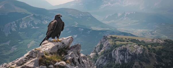 An awe-inspiring eagle sits atop a rocky mountain peak, overlooking a tranquil, hazy valley dotted with autumnal trees