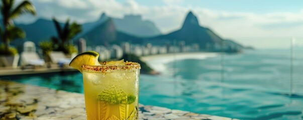 A cold caipirinha cocktail sits invitingly in the foreground with the famous Sugarloaf Mountain of Rio de Janeiro in the distance