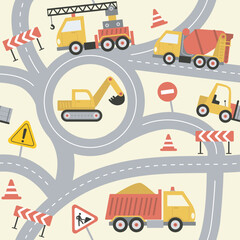 Road construction site in cartoon style.. Cute children's seamless pattern with yellow dump truck, excavator, crane, road, signs