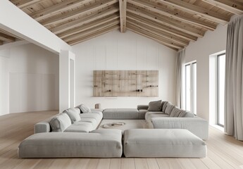 A living room with white walls and a wooden ceiling, featuring grey sofas, an empty shelf on the wall above them