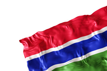 Realistic flag of Gambia with folds, on transparent background. Footer, corner design element. Cut out. Perfect for patriotic themes or national event promotions. Empty, copy space. 3D render