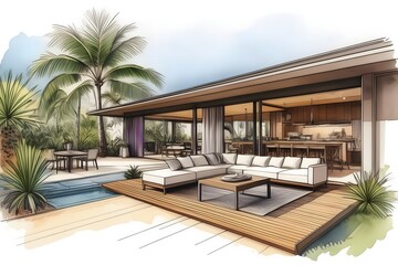 Sleek architectural draft for a tropical outdoor dining area, integrating modern design with natural elements for a stylish home.