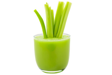 Celery juice and celery on a white background