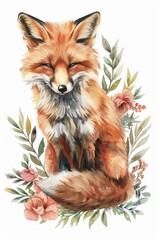 Obraz premium Colorful watercolor painting of a fox surrounded by vibrant flowers. Suitable for nature-themed designs