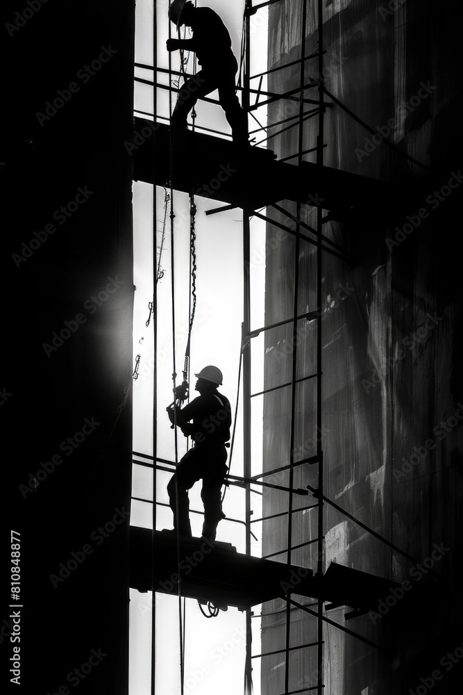 Poster A man standing on a scaffolding in front of a tall building. Suitable for construction or urban development concepts