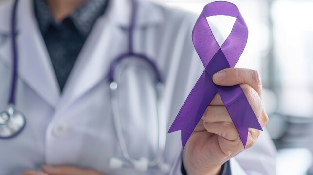 The doctor held a purple awareness ribbon symbolizing support for various causes like Cancer ADD ADHD Alzheimer s Disease Childhood Hemiplegia stroke Epilepsy Chronic Acute Pain and Crohn s
