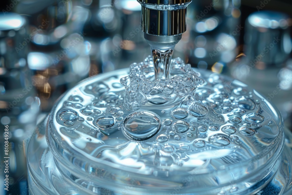 Poster a highly detailed image showing a machine nozzle depositing precise droplets on a blue surface