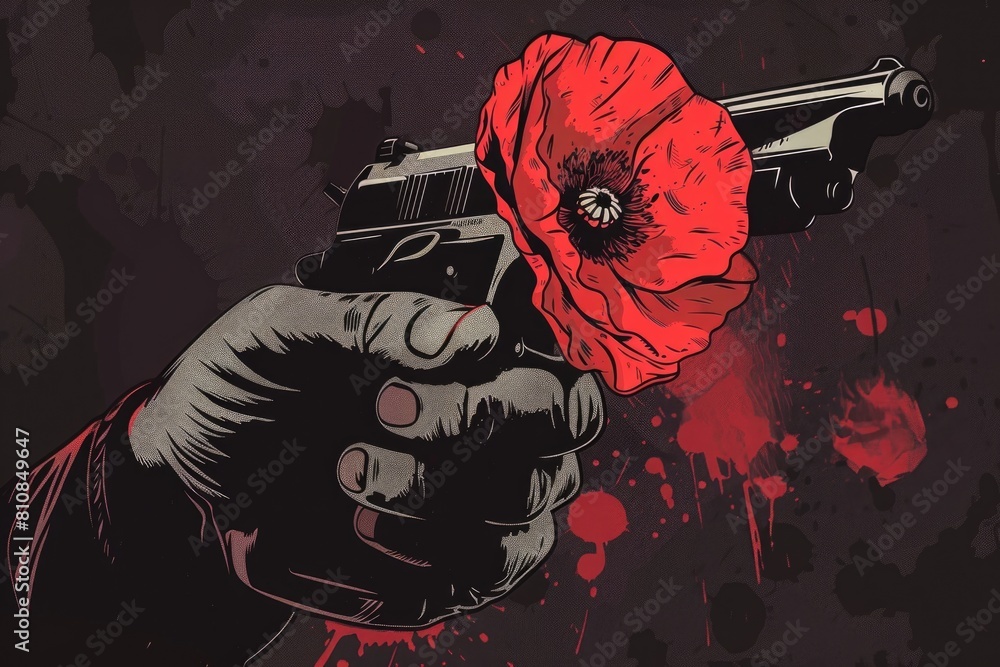 Poster a hand holding a gun with a red flower, suitable for various concepts