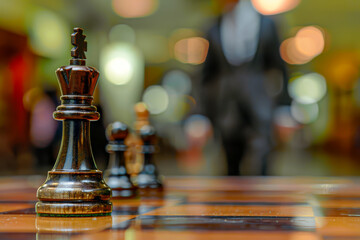 A chess piece is on a board with a blurry background