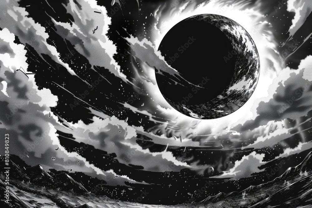 Poster a black and white photo of a planet in the sky. suitable for science or astronomy related projects