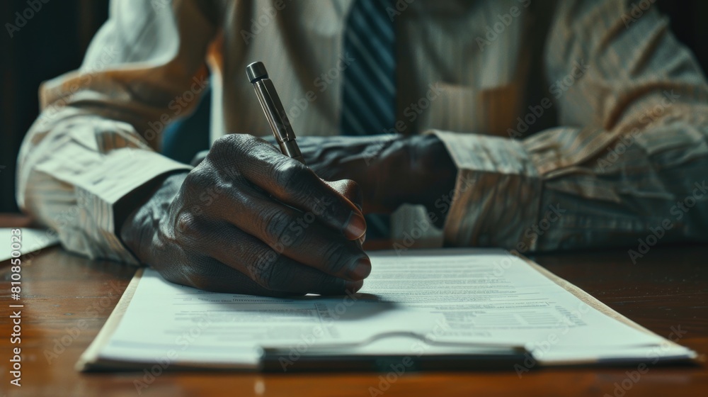 Poster a man sitting at a table writing on a piece of paper. suitable for business or education concepts