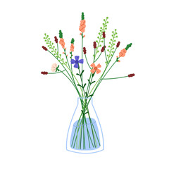 Floral bouquet in water, glass vase. Field flowers, blooms, meadow bunch arrangement. Beautiful delicate romantic wildflowers decoration. Colored flat vector illustration isolated on white background