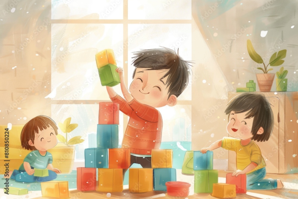 Poster children playing with colorful blocks, suitable for educational and daycare concepts