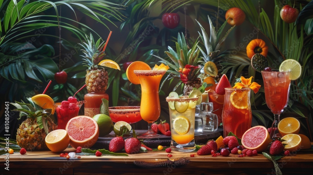 Poster assorted drinks on a table, suitable for beverage concepts