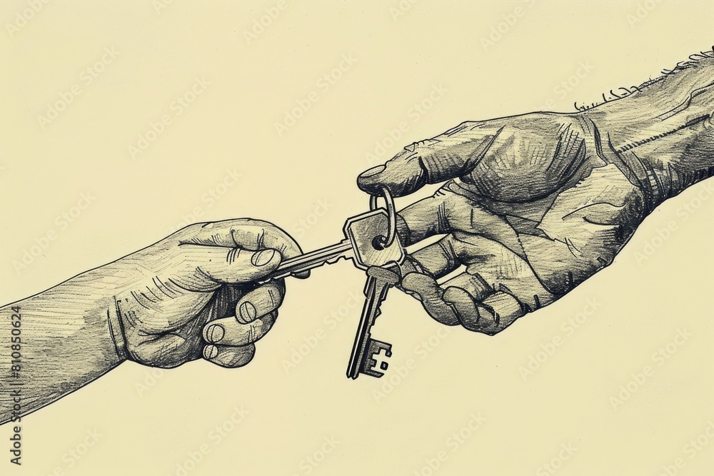 Poster A drawing of one hand passing a key to another hand. Ideal for concepts of sharing, trust, and partnership