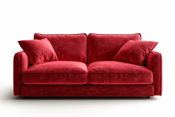 Elegant red sofa with plush velvet fabric, isolated on a white backdrop to emphasize comfort and style